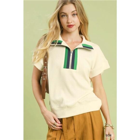 Umgee Textured Striped Zip Collar Knit Top - Picture 1 of 4